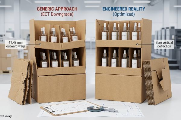 Corrugated cosmetic packaging comparison: Generic Approach with 11.43 mm outward warp vs. Engineered Reality with Zero Vertical Deflection.
