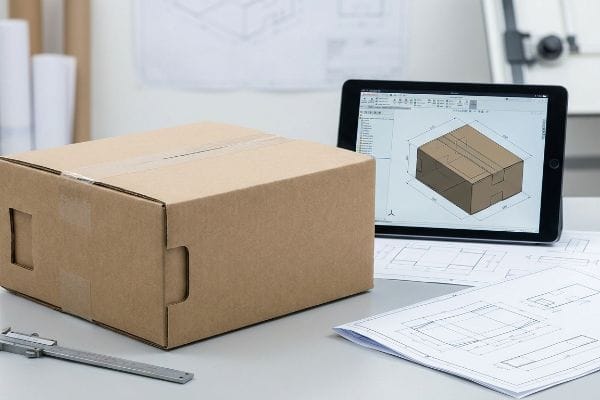 Brown cardboard box with handles, next to a tablet displaying a 3D CAD packaging design model, engineering blueprints, and a caliper for structural integrity.