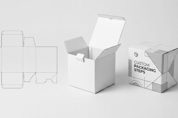 White cardboard packaging dieline, an open white sample box, and a closed box with 'Custom Packaging Steps' text, illustrating structural design.