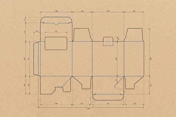 A detailed die-cut template for custom product packaging, showing precise structural dimensions and fold lines on a kraft background.