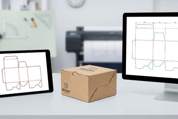 Brown corrugated cardboard box with Brand logo, flanked by a tablet and monitor displaying packaging dieline templates for structural design.