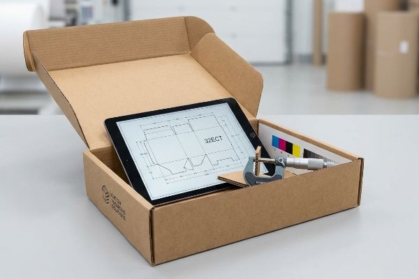 Caixa de papelão ondulado marrom aberta, mostrando um iPad com um molde de embalagem 32ECT, um micrômetro e uma faixa de cores CMYK, com o logotipo 'GETA PACKAGING SOLUTIONS'.