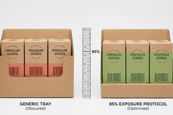 Brown corrugated cardboard trays showcase Premium Goods boxes, contrasting a Generic Tray obscuring barcodes with an 85% Exposure Protocol optimizing label clarity.