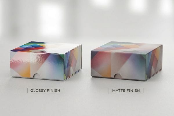 Packaging boxes with geometric patterns, showcasing a reflective Glossy Finish next to a muted Matte Finish.