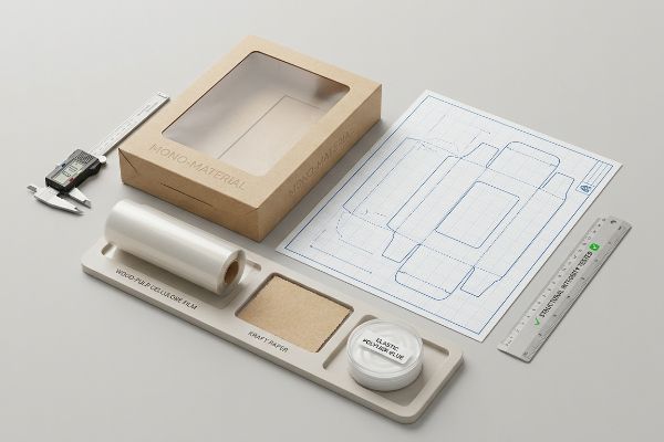 Wood-pulp cellulose film, Kraft paper, elastic polymer glue, and a Mono-Material box with dieline and caliper for structural tests.