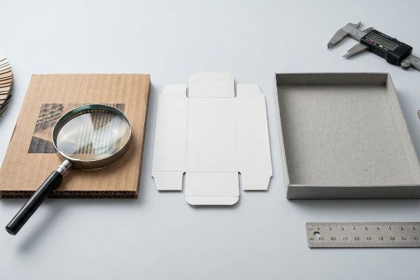 Caixa de papelão ondulado, molde de papelão e cartão rígido com lupa, paquímetro digital e régua.