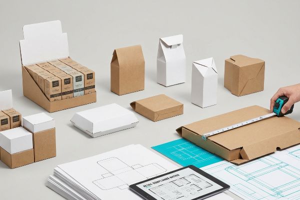 Muster von Einzelhandelsverpackungen in Kraftpapier und Weiß, Displaybox, Versandtasche, vermessen anhand von Bauplänen, und Tablet „Retail Compliance Matrix“.