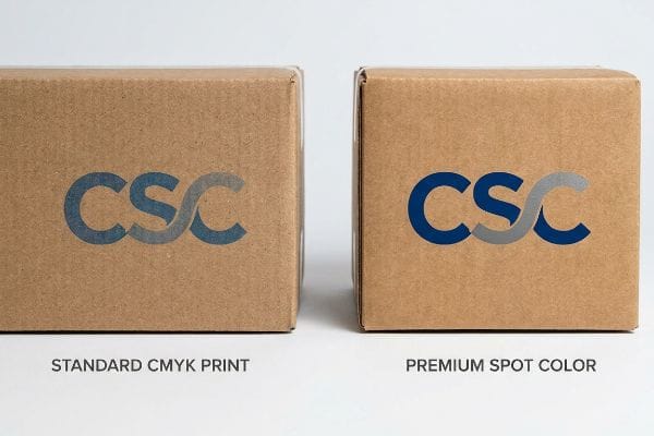 Brown corrugated cardboard boxes comparing CSC logo print quality: dull Standard CMYK Print versus vibrant Premium Spot Color.