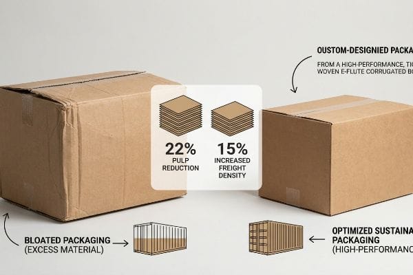 Des boîtes en carton ondulé brun comparent les emballages volumineux aux emballages durables optimisés, mettant en évidence une réduction de 22 % de la pâte à papier et une augmentation de 15 % de la densité de fret grâce à l'utilisation de carton E-Flute haute performance.
