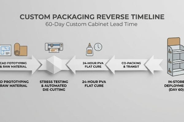 Custom Packaging Reverse Timeline flowchart details 60-day custom cabinet lead time: CAD prototyping, automated die-cutting, 24-hour PVA flat cure, and in-store deployment.