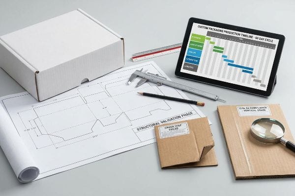 White mailer box, packaging blueprint, caliper, and tablet displaying a 