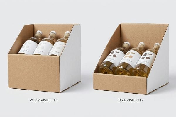 Two kraft cardboard end cap displays illustrate packaging visibility: one with a tall front lip for Poor Visibility, the other with a low lip for 85% Visibility of bottle labels.