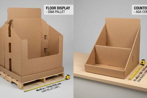 Corrugated cardboard floor display on a GMA pallet and a counter display, highlighting 48x40 in GMA Pallet Limit and 15-48 in ADA Reach Compliance.
