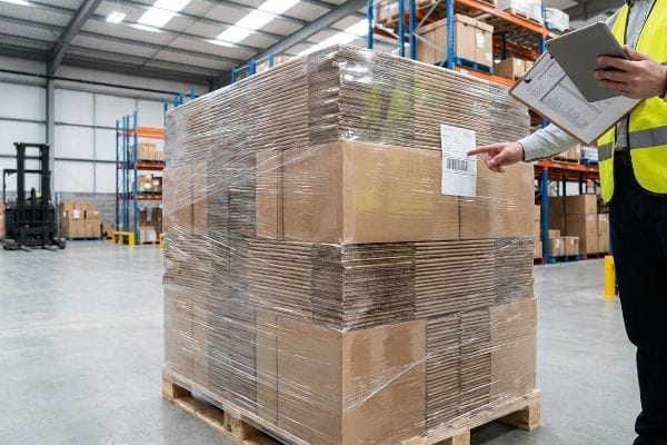 Shrink-wrapped corrugated cardboard boxes on a pallet, with a worker checking a barcode label for accurate HS code classification.
