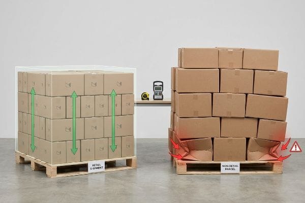 Palletized brown cardboard boxes, contrasting a stable