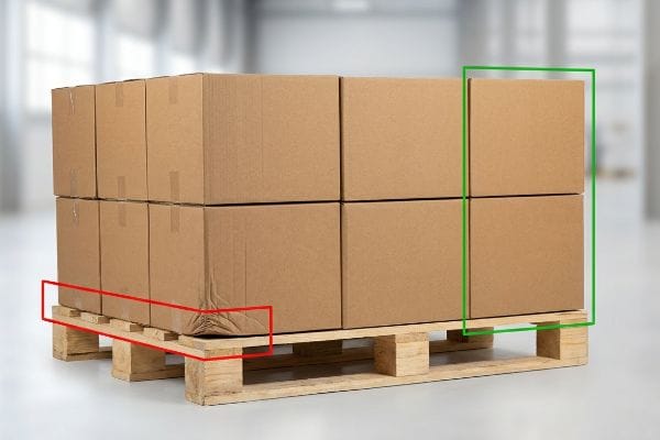 Brown corrugated boxes on a wooden GMA pallet, illustrating carton overhang and its impact on compression strength.