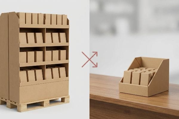 牛皮纸板落地展示架放置在木托盘上,与较小的柜台展示架形成对比,展现了不同的零售展示类型。.