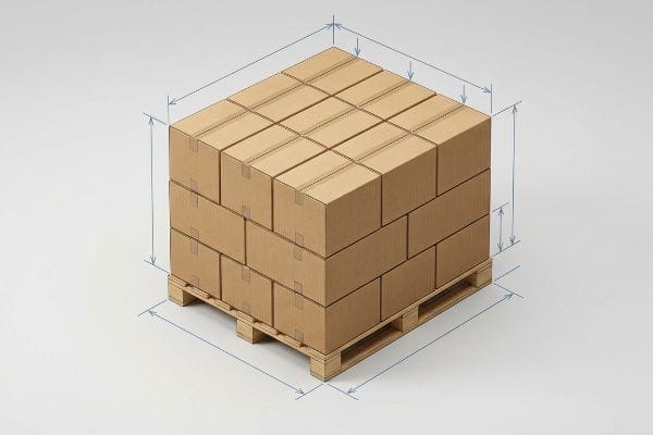 Brown corrugated boxes stacked on a wooden pallet, with blue dimension lines showing optimal pallet design and zero overhang.