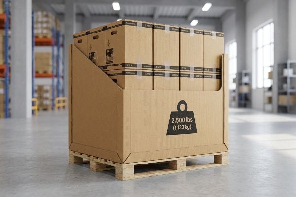 A robust cardboard pallet display unit, clearly labeled with a 2,500 lbs (1,133 kg) weight capacity, holds multiple smaller boxes on a wooden pallet in a warehouse setting.