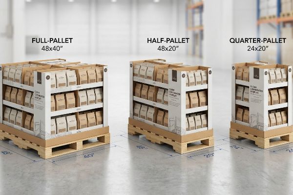 Three corrugated pallet displays: Full-Pallet 48x40