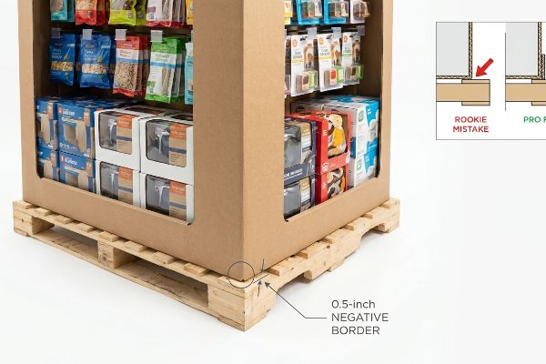 Corrugated pallet display on a wooden pallet, showing a 0.5-inch Negative Border to prevent corner overhang, with a diagram of Rookie Mistake vs. Pro Fix.