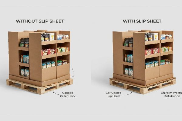 A side-by-side comparison of corrugated retail displays on wooden pallets, showing 