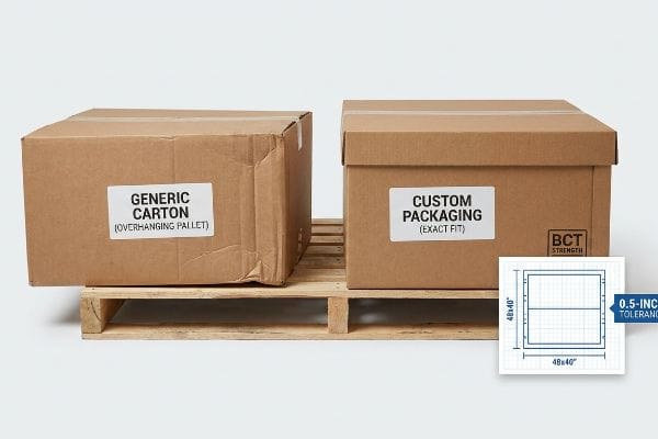 Pallet comparison: 'Generic Carton (Overhanging Pallet)' vs. 'Custom Packaging (Exact Fit)' with 'BCT Strength' and 0.5-inch tolerance.