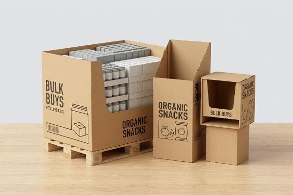 Natural brown corrugated cardboard display bins, including a pallet merchandiser with 'Bulk Buys' and 'Organic Snacks' branding, alongside empty floor and countertop units.