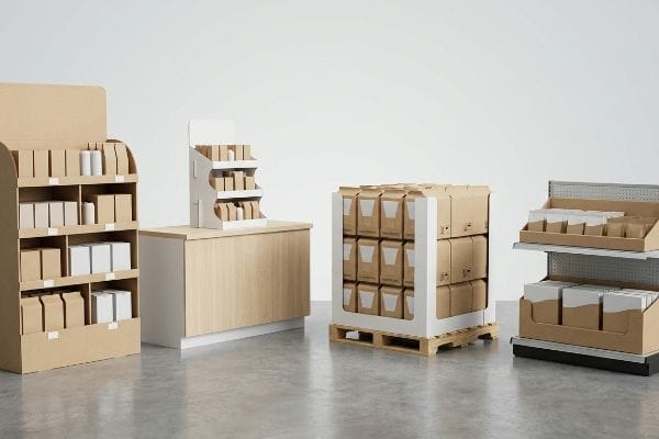 Multiple retail display structures are presented, featuring a floor display, countertop unit, pallet merchandiser, and shelf-ready trays.