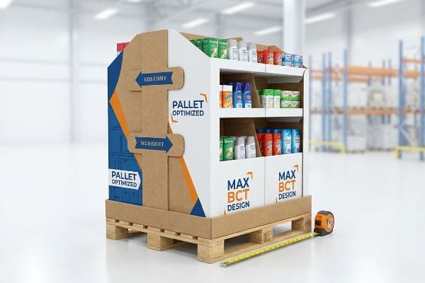 Corrugated pallet display, 'Pallet Optimized' and 'Max BCT Design' branding, on wood pallet with products and tape measure, demonstrating BCT strength.