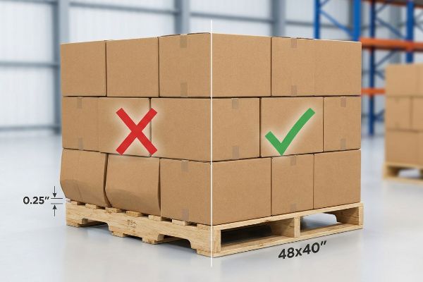 صناديق شحن من الورق المقوى البني على منصة نقالة GMA مقاس 48 × 40 بوصة، مع وجود تلف بارز بمقدار 0.25 بوصة مقابل التحميل الصحيح بدون بروز لتحقيق قوة الضغط.