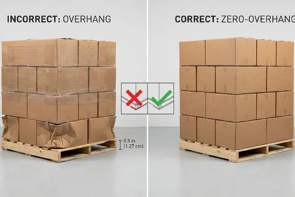 Braune Kartons auf Holzpaletten veranschaulichen Falsch: Überstand (0,5 Zoll), der zum Ausbeulen führt im Gegensatz zu Richtig: Null-Überstand für optimale vertikale Kartonkompression.