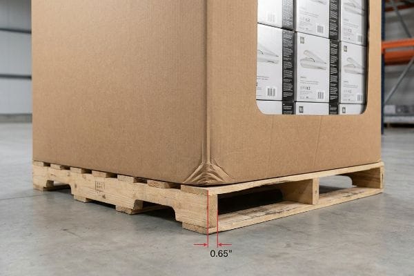 Brown corrugated pallet display box overhanging a wooden pallet by 0.65 inches, revealing white product boxes inside.
