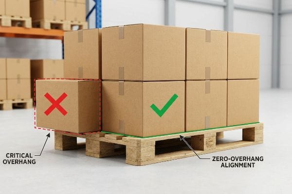 Corrugated boxes on a wooden pallet illustrate Critical Overhang versus Zero-Overhang Alignment for optimal compression strength in warehouse logistics.