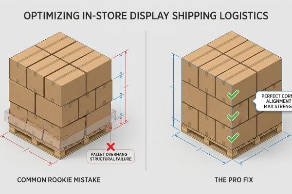 Brown corrugated boxes on pallets, contrasting 'Pallet Overhang = Structural Failure' with 'Perfect Corner Alignment'.
