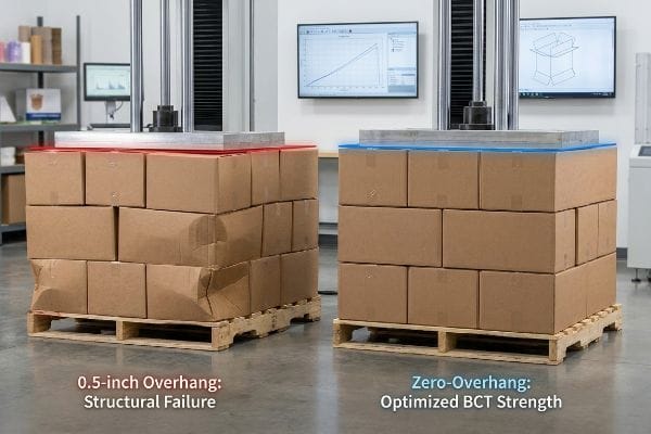 Corrugated boxes on pallets: 0.5-inch Overhang leads to Structural Failure, Zero-Overhang ensures Optimized BCT Strength.