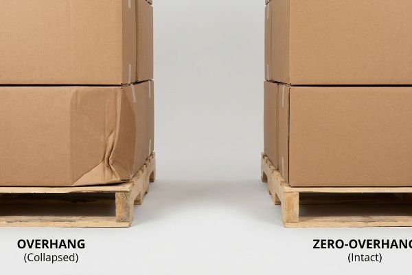 Brown corrugated cardboard boxes on wooden pallets, contrasting 'Overhang (Collapsed)' with 'Zero-Overhang (Intact)'.