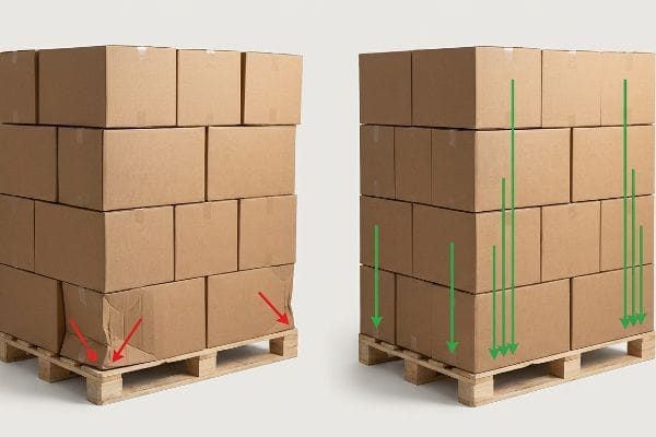 Corrugated cardboard boxes on a pallet, illustrating crushed bottom boxes from overhang (left) versus proper vertical load distribution (right) preventing compression failure.