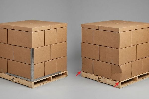 Two stacks of corrugated boxes on wooden pallets, one perfectly aligned with a corner ruler, the other showing severe buckling from overhang.