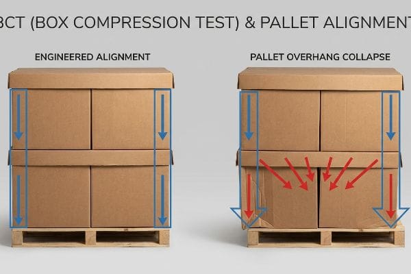 Brown cardboard boxes demonstrate BCT (Box Compression Test) and Pallet Alignment, contrasting engineered support with pallet overhang collapse.