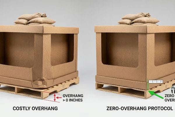 Corrugated cardboard display units on wooden pallets compare Costly Overhang with bottom-tier crushing versus the Zero-Overhang Protocol.