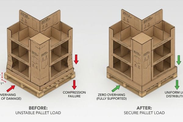 Cardboard retail POP displays on pallets. Before: 0.65-inch Overhang causes Compression Failure. After: Zero Overhang ensures Uniform Load Distribution.