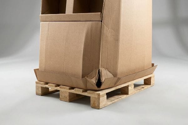 Brown corrugated box with a buckled corner, showing compression failure from pallet overhang on a wooden pallet.