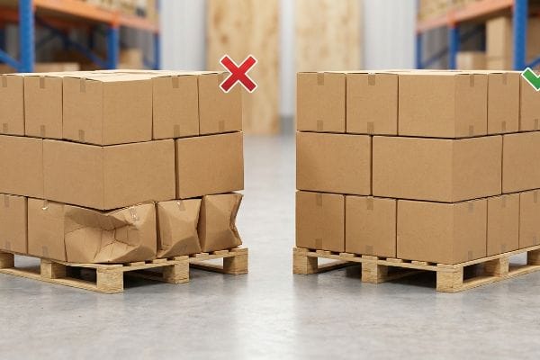 Cajas de cartón marrón aplastadas sobre un palé, que muestran un fallo de compresión por exceso de volumen, en contraste con un palé correctamente apilado y sin daños en un almacén.