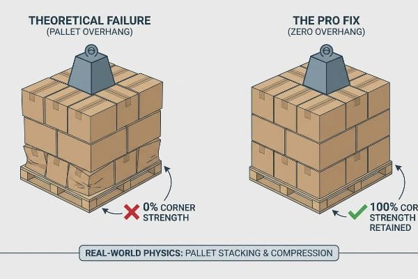 An illustration comparing pallet stacking, showing theoretical failure from pallet overhang causing box buckling and 0% corner strength, against the pro fix with zero overhang, retaining 100% corner strength for optimal compression.