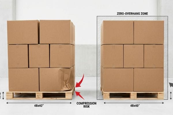 A visual comparison of 48x40 inch pallet loading, showing compression risk from carton overhang on the left versus a secure Zero-Overhang Zone on the right, preventing box damage.