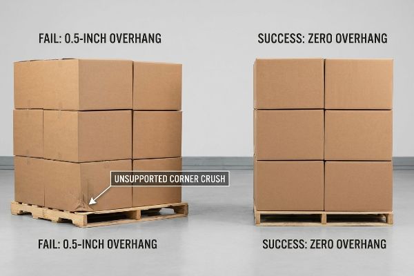 Brown cardboard boxes on pallets: Fail 0.5-Inch Overhang with Unsupported Corner Crush vs. Success Zero Overhang.