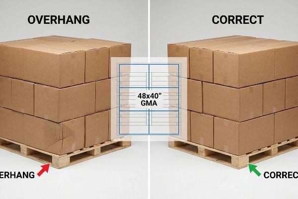 Brown corrugated master cartons on pallets, illustrating Overhang versus Correct stacking for a 48x40