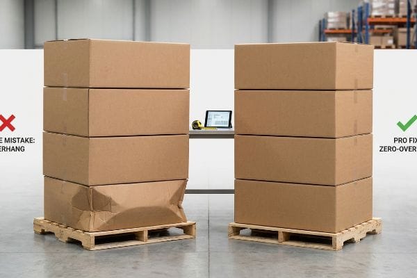 Brown cardboard boxes on pallets, illustrating 'Rookie Mistake: Overhang' with a crushed bottom box versus 'Pro Fix: Zero-Overhang' with aligned boxes.