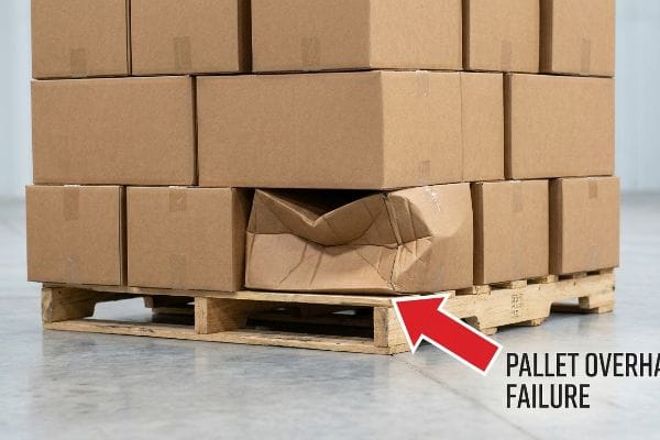 Brown corrugated box crushed from pallet overhang failure, showing structural damage on a wooden pallet.